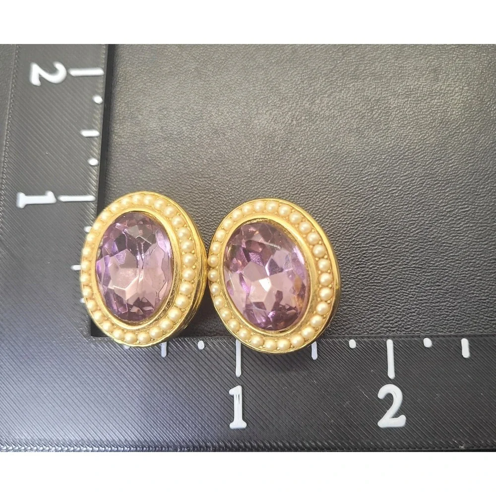 Vintage Richelieu Earrings Clip On Purple Gold Tone Beaded Oval Statement